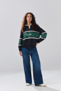 Buzo cuello polo azul intenso con arte college oversize
