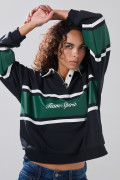 Buzo cuello polo azul intenso con arte college oversize
