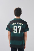 Camiseta verde oscura college a rayas con cuello redondo 
