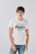 Camiseta en algodón college crema clara con cuello redondo

