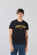 Camiseta negra en algodón college con cuello redondo
