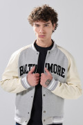 Chaqueta gris bomber con arte college y mangas en PU