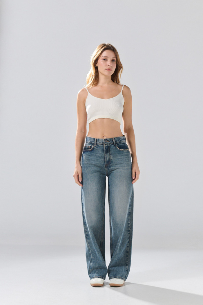 Jean baggy azul medio infaltables bota ancha con bolsillos

