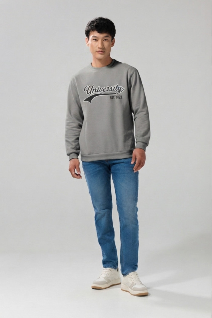 Buzo gris medio con cuello redondo y arte college
