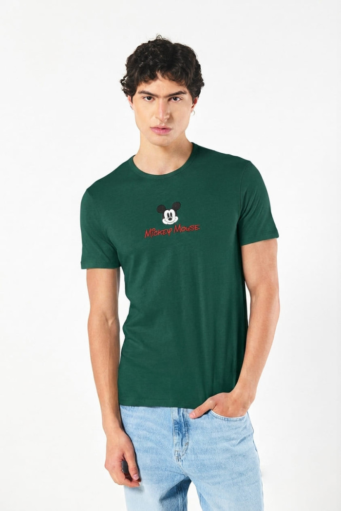 Camiseta manga corta unicolor con arte de Mickey