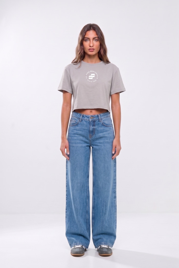 Camiseta crop top gris clara con diseño de Arcángel
