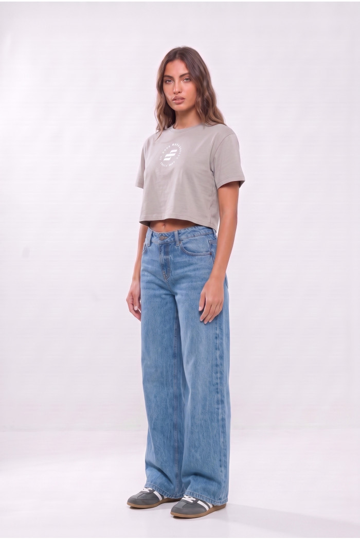 Camiseta crop top gris clara con diseño de Arcángel
