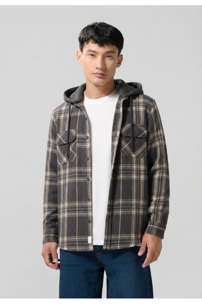 Sobrecamisa unicolor con capota, cuadros y bolsillos