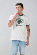 Camiseta crema cuello redondo college con contrastes verdes
