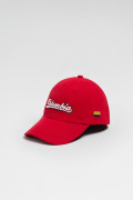 Cachucha beisbolera roja con bordado college blanco
