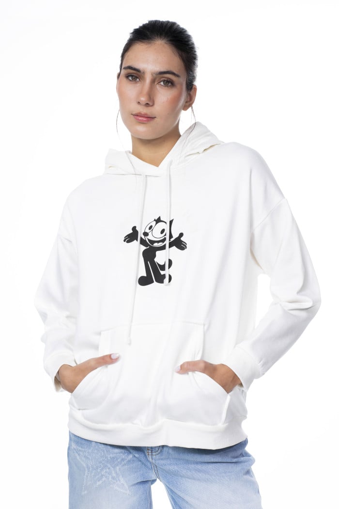 Buzo crema claro con capota oversize y arte de Félix el Gato
