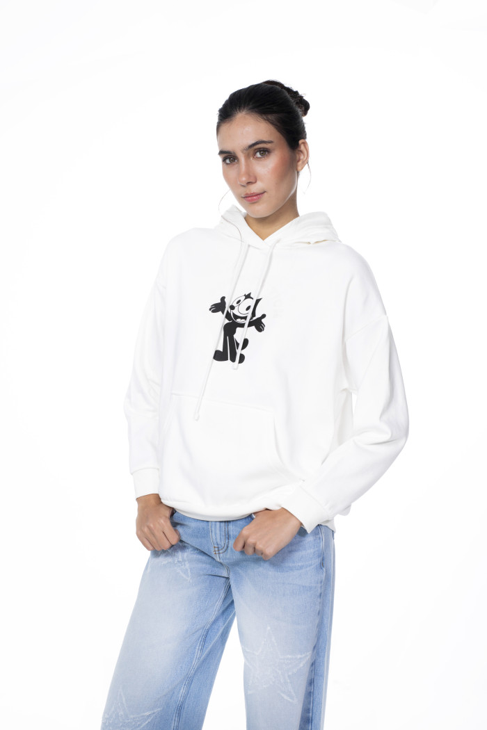 Buzo crema claro con capota oversize y arte de Félix el Gato
