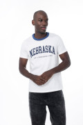 Camiseta college crema clara con cuello redondo azul
