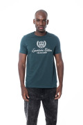 Camiseta manga corta verde oscura con texto college blanco
