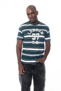 Camiseta cuello redondo crema con rayas y diseño college
