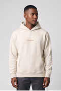 Buzo crema claro oversize con capota, bolsillo y textos
