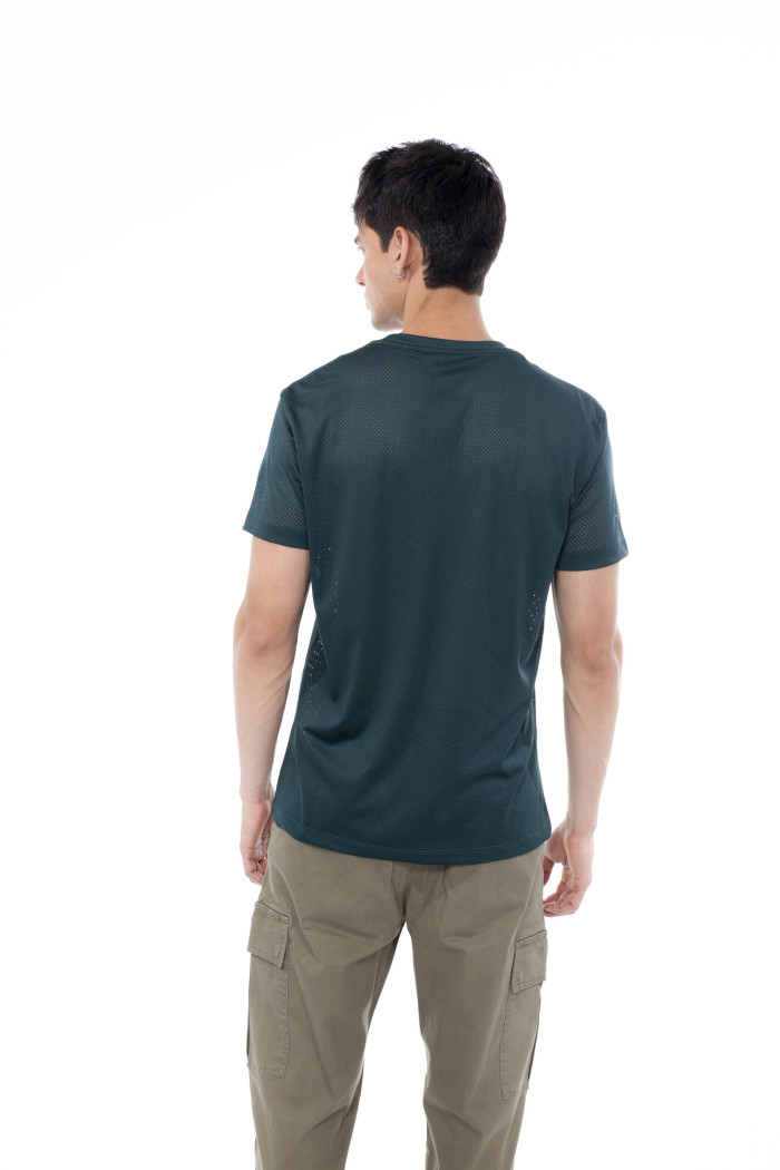 Camiseta manga corta verde oscura con arte college numérico

