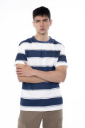 Camiseta cuello redondo crema con rayas azules
