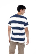 Camiseta cuello redondo crema con rayas azules
