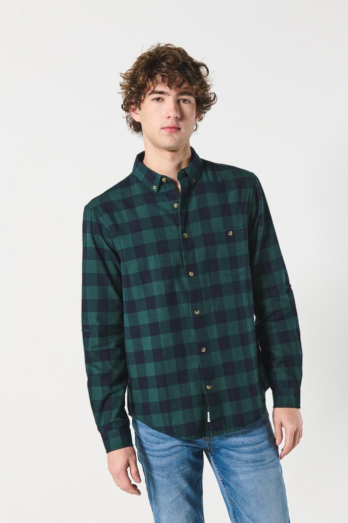 Camisa unicolor manga larga a cuadros en algodón