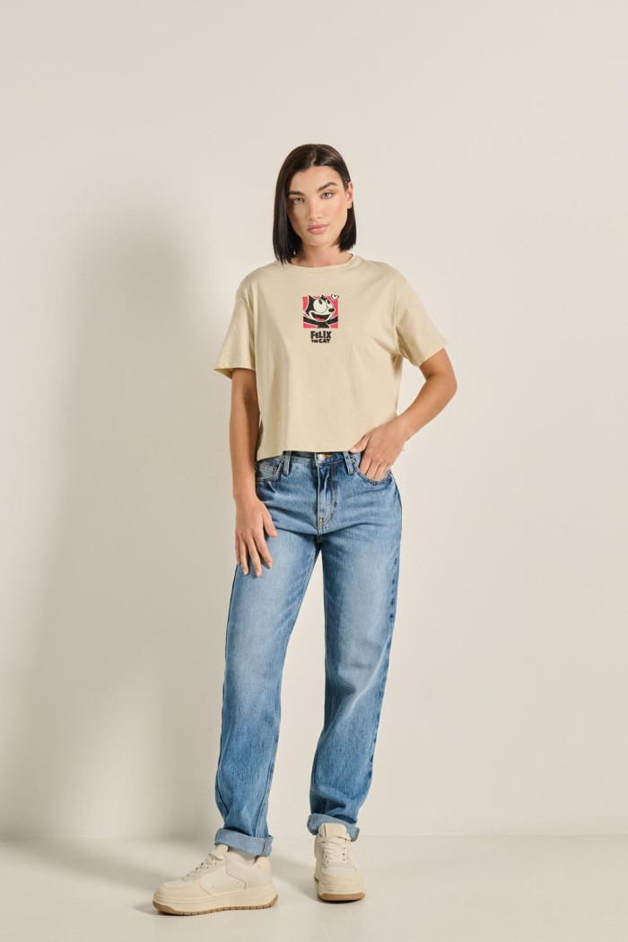 Camiseta crop top kaki clara con diseño de Félix el Gato