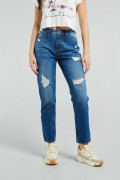 Jean boyfriend azul oscuro con tiro alto, bota recta y rotos