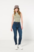 Jean jegging azul oscuro tiro súper alto con costuras cafés