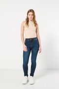 Jean súper tiro alto jegging azul oscuro con costuras cafés