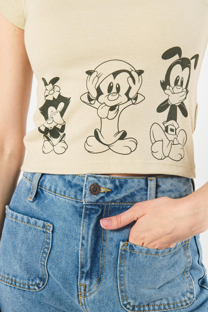 Camiseta kaki en rib cuello redondo con arte de Animaniacs