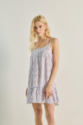 Vestido lila claro corto estampado con tiras y manga sisa
