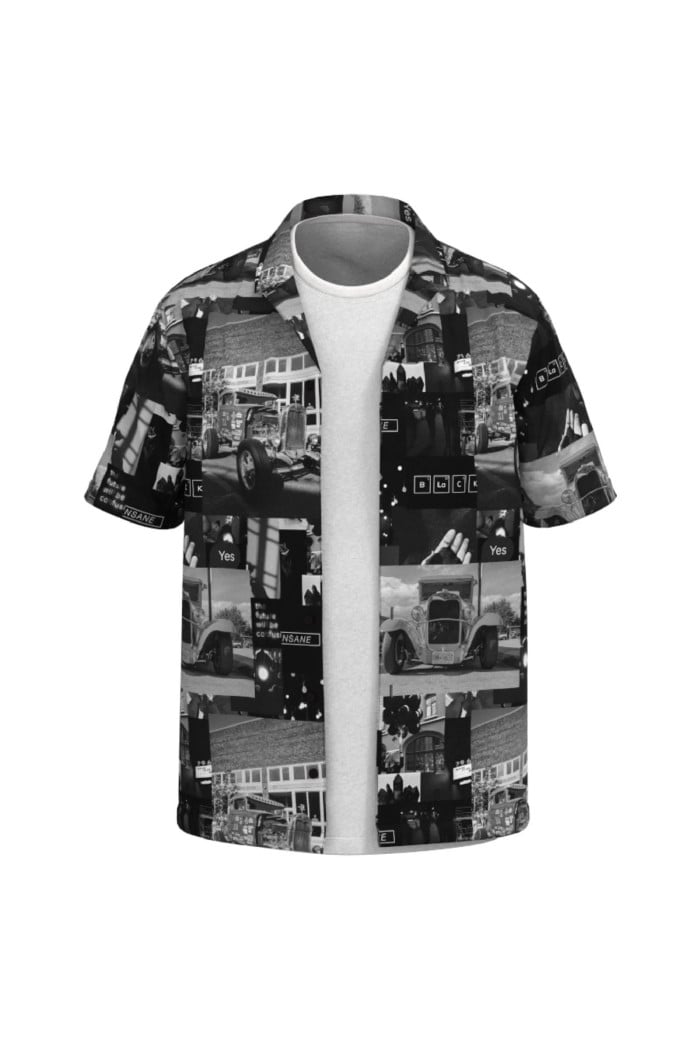 Camisa negra con estampados urbanos y manga corta