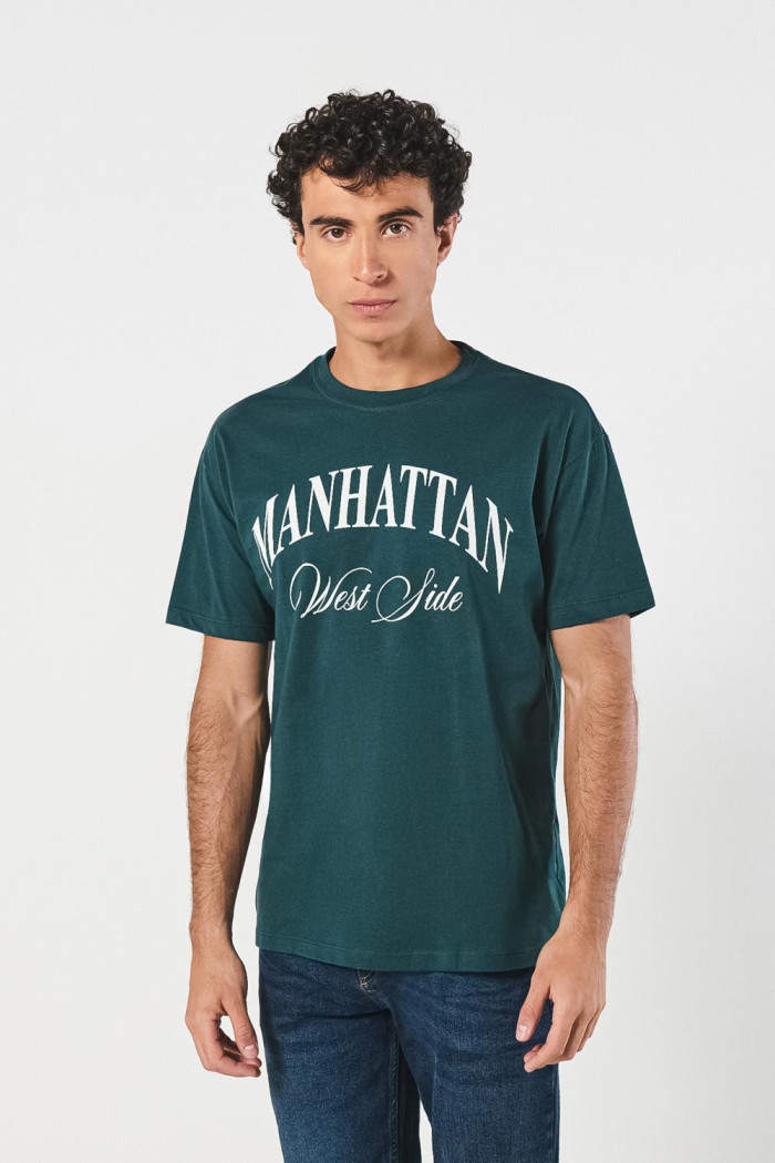 Camiseta verde oscura en algodón college manga corta
