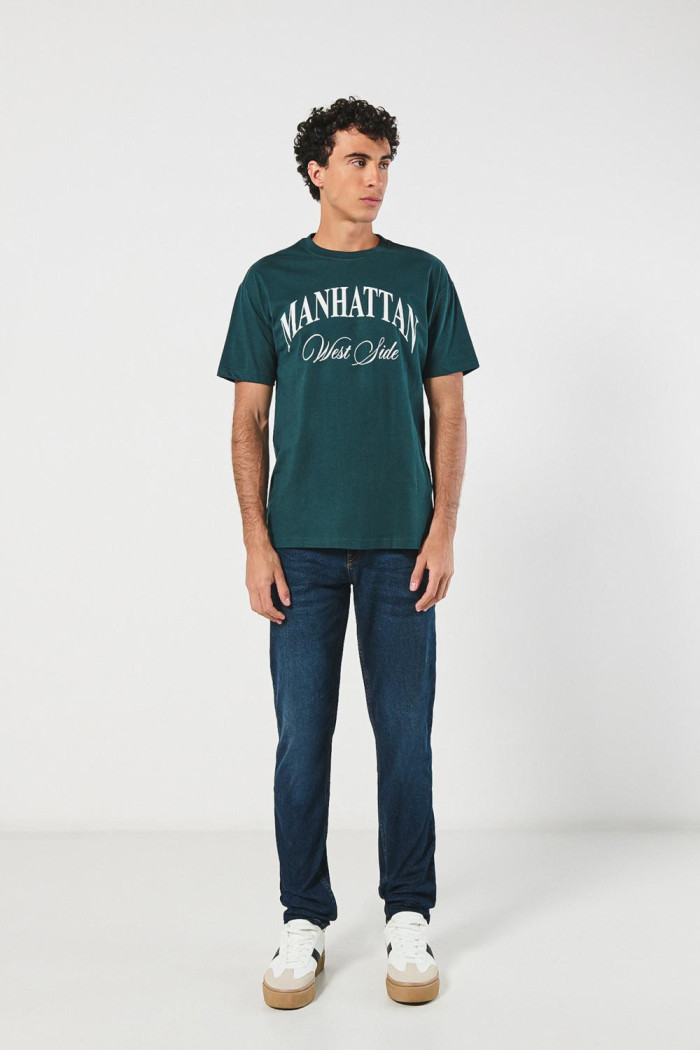 Camiseta verde oscura en algodón college manga corta