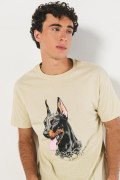 Camiseta kaki cuello redondo con estampado de perro