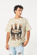 Camiseta unicolor oversize con arte de perros y manga corta