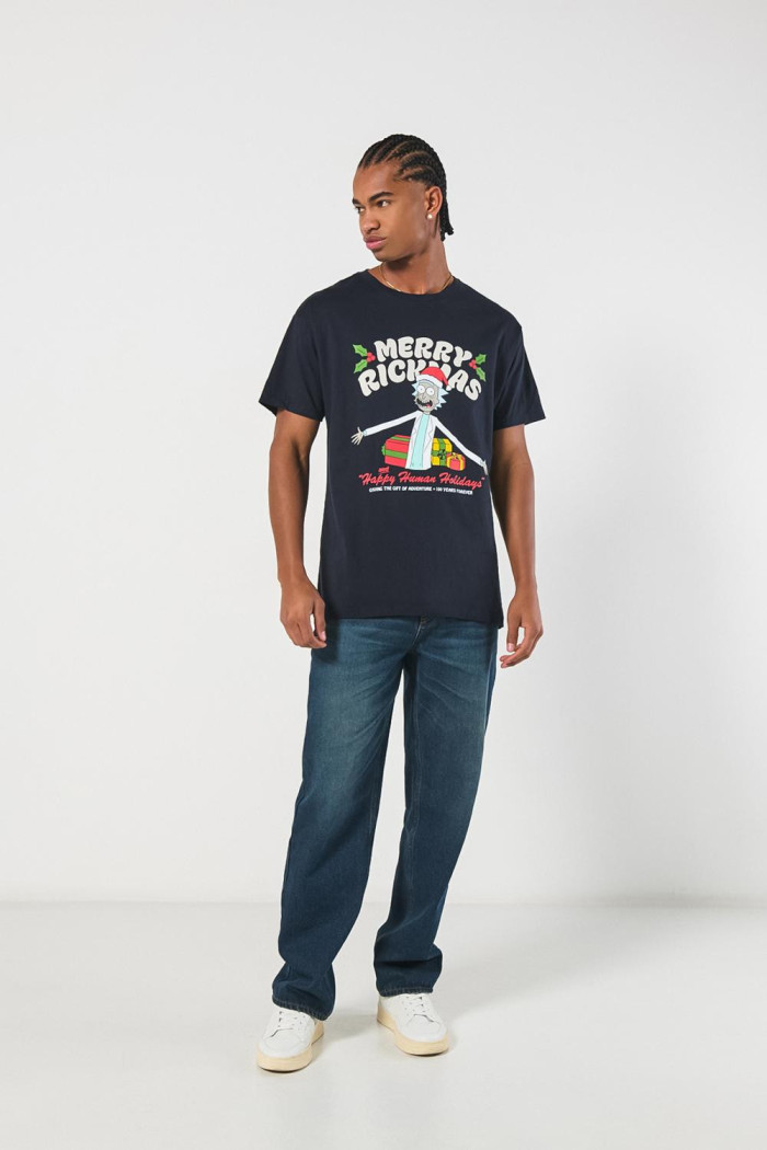 Camiseta navideña de Rick and Morty azul manga corta