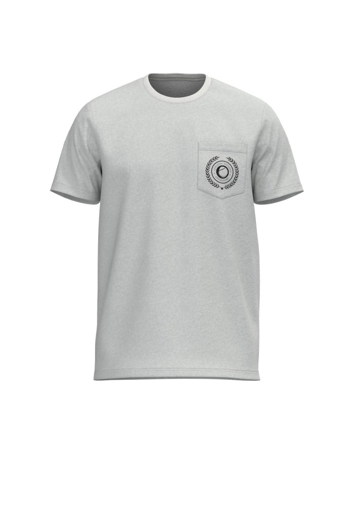 Camiseta crema con bolsillo, manga corta y diseño college