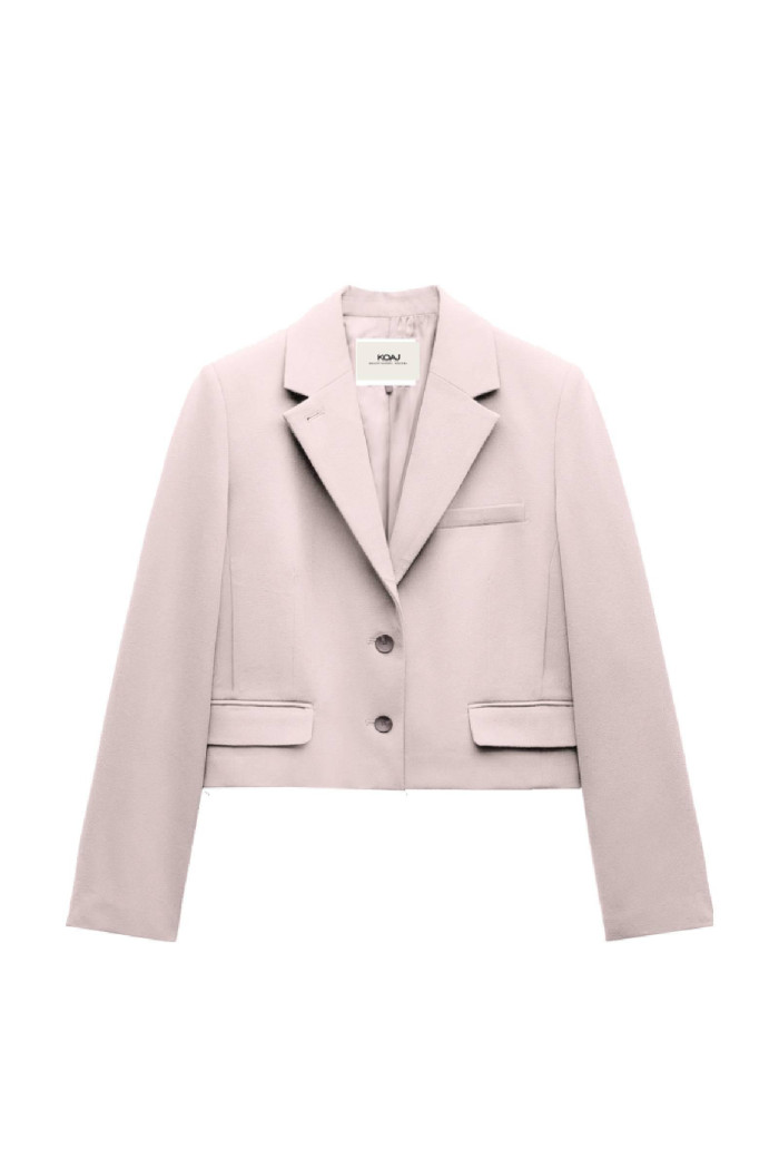 Blazer crop lila claro con solapas y doble botón