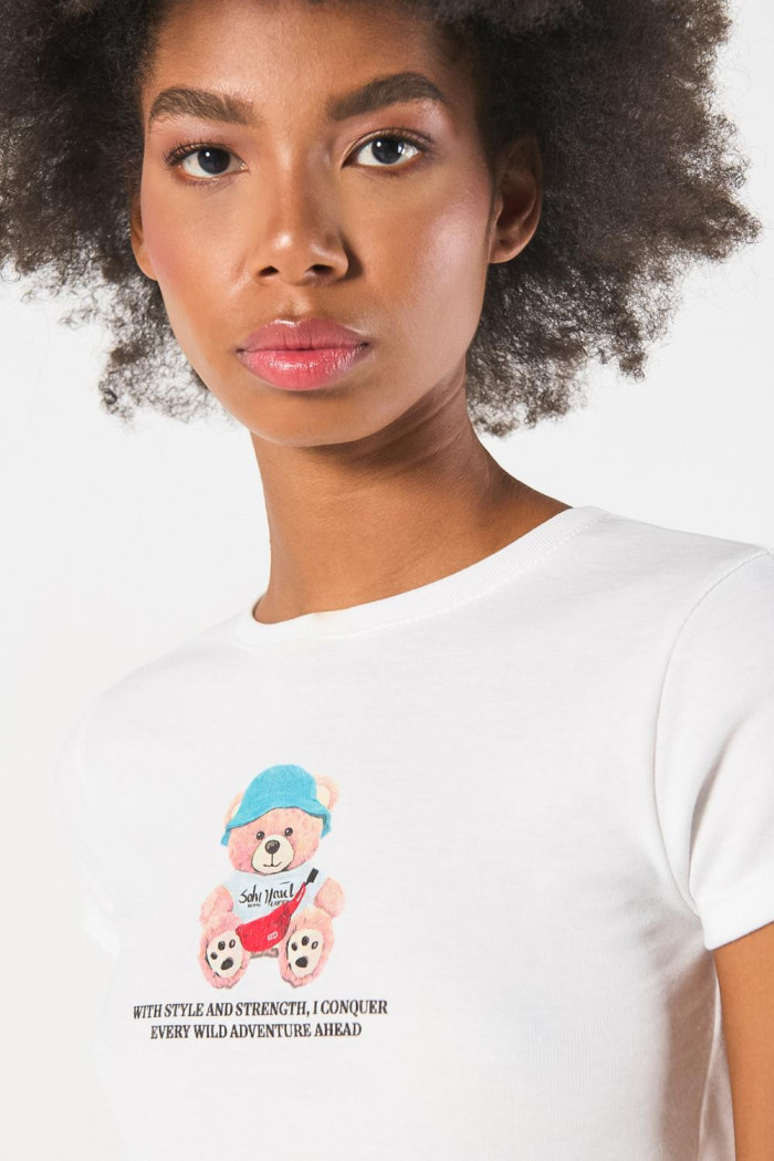 Camiseta crema en rib manga corta con diseño de osito
