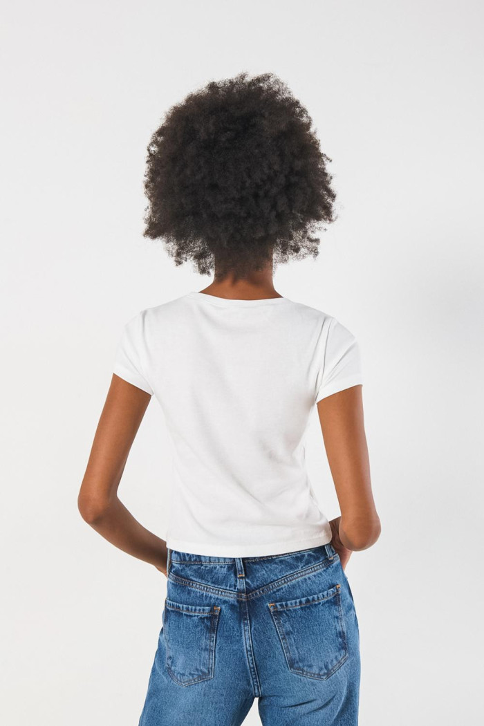 Camiseta crema en rib manga corta con diseño de osito