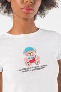 Camiseta crema en rib manga corta con diseño de osito