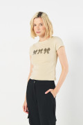 Camiseta en rib kaki manga corta con diseño de moños