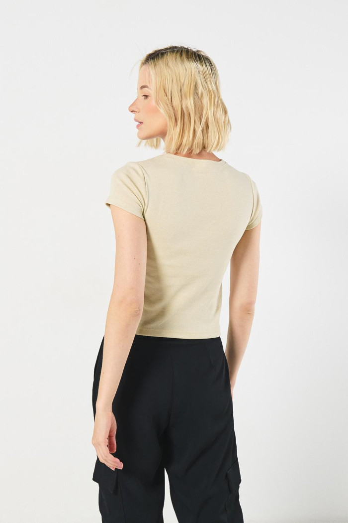 Camiseta en rib kaki manga corta con diseño de moños