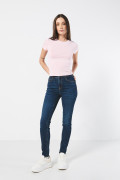 Jean jegging ceñido azul oscuro tiro alto con costuras cafés