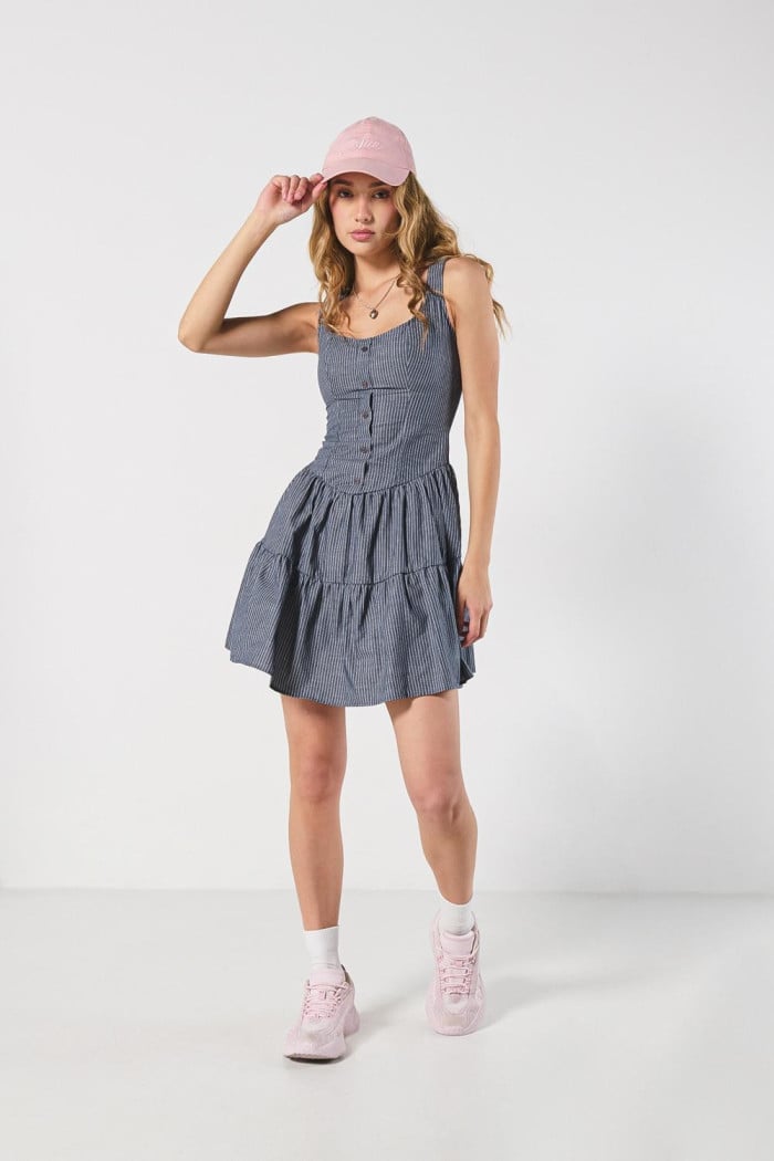 Vestido corto azul intenso a rayas con manga sisa