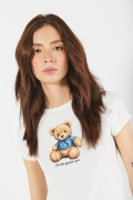 Camiseta en rib unicolor manga corta con diseño de osito