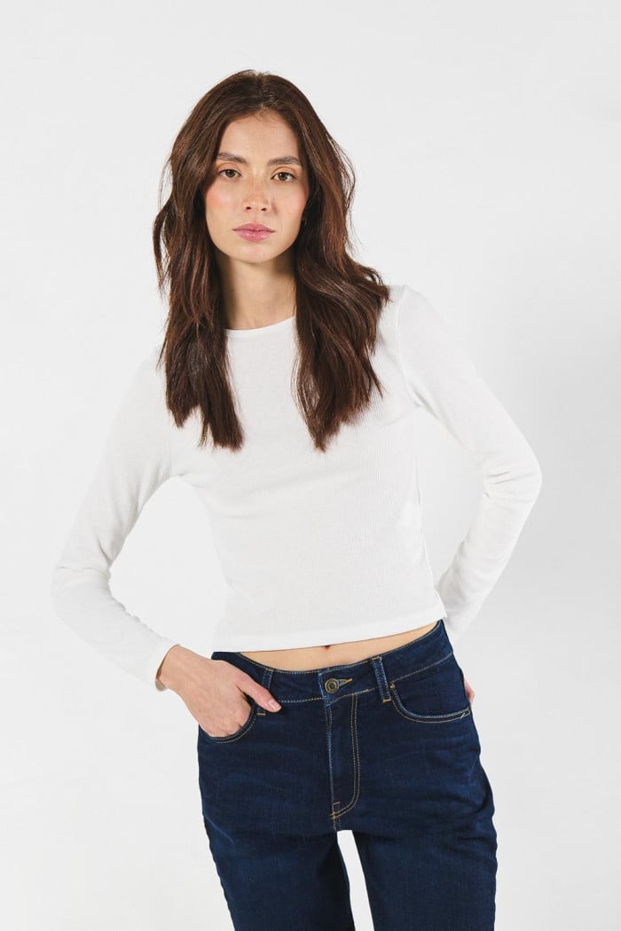 Camiseta ajustada unicolor manga larga con cuello redondo