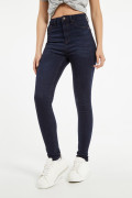Jean jegging azul intenso tiro súper alto con costuras cafés