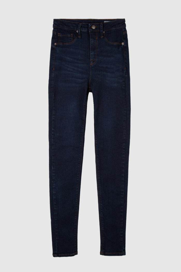 Jean jegging azul intenso tiro súper alto con costuras cafés