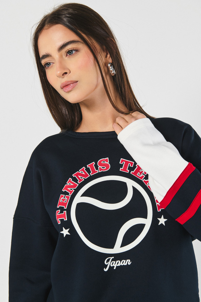 Buzo oversize college deportivo cuello redondo azul